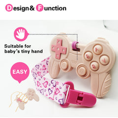 BIGSPINACH teething toy controller pink highlights for baby hands.