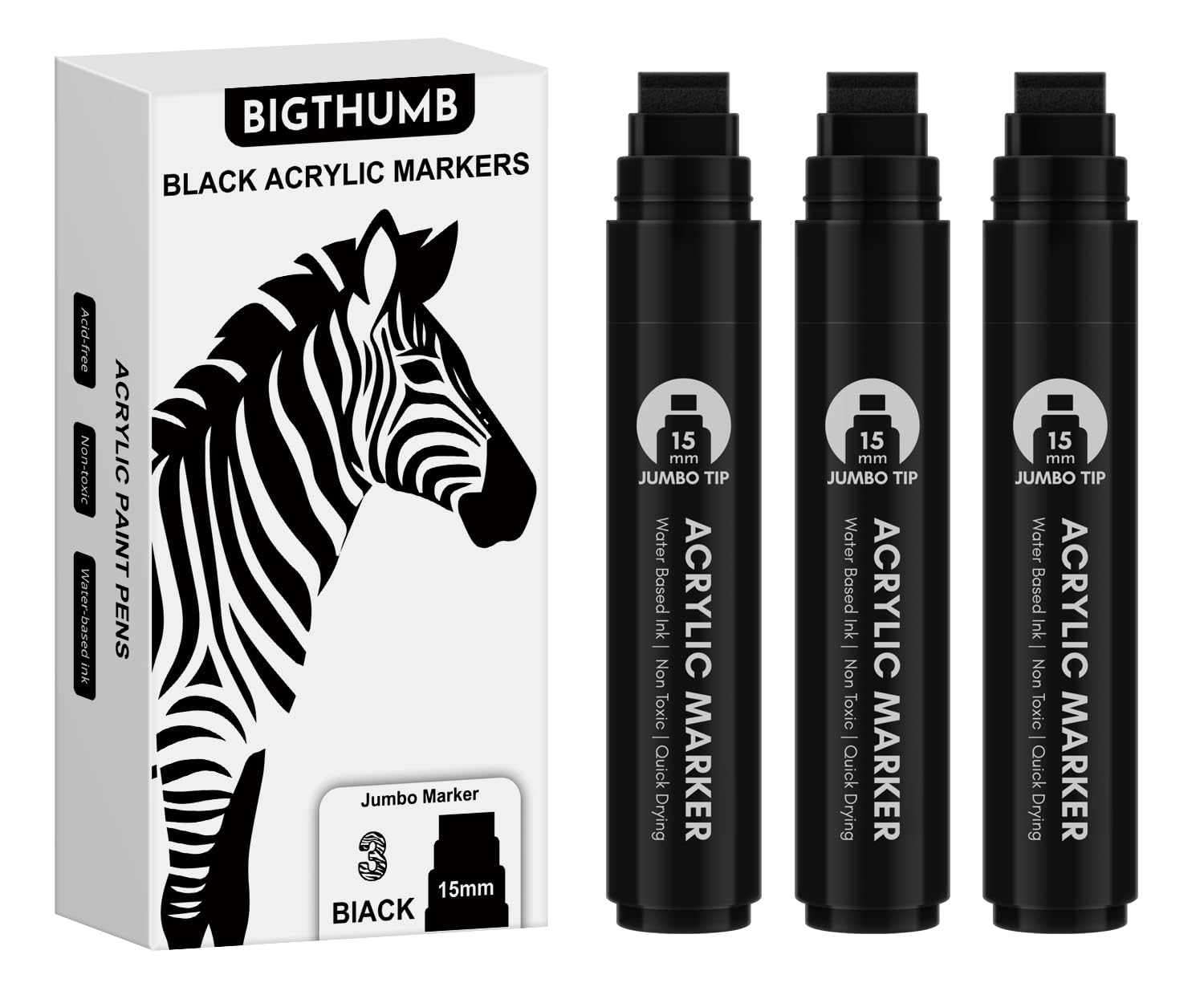 BIGTHUMB 3-pc black jumbo marker with 15mm tip for bold fills on posters.