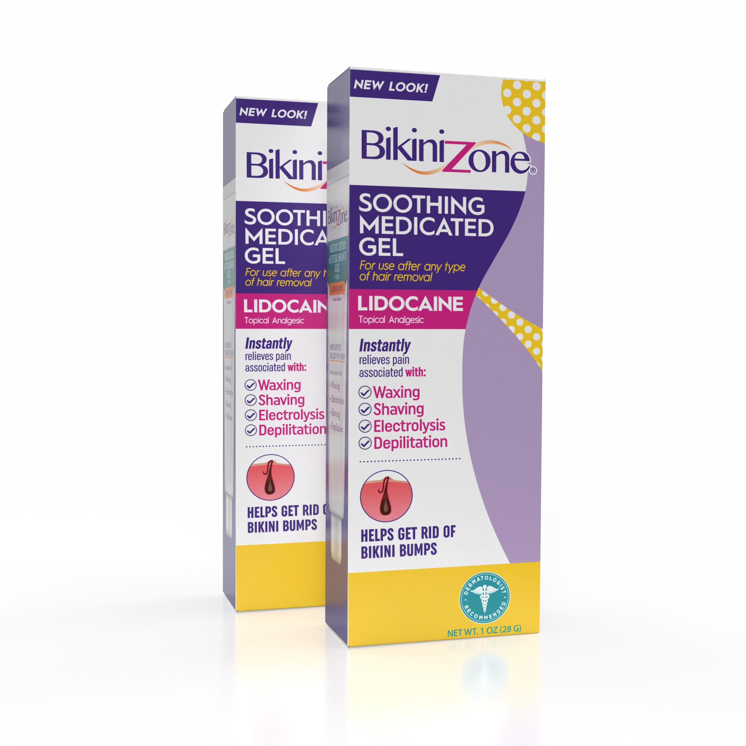 Bikini Zone medicated after shave gel bottle with lidocaine for quick relief after shaving.