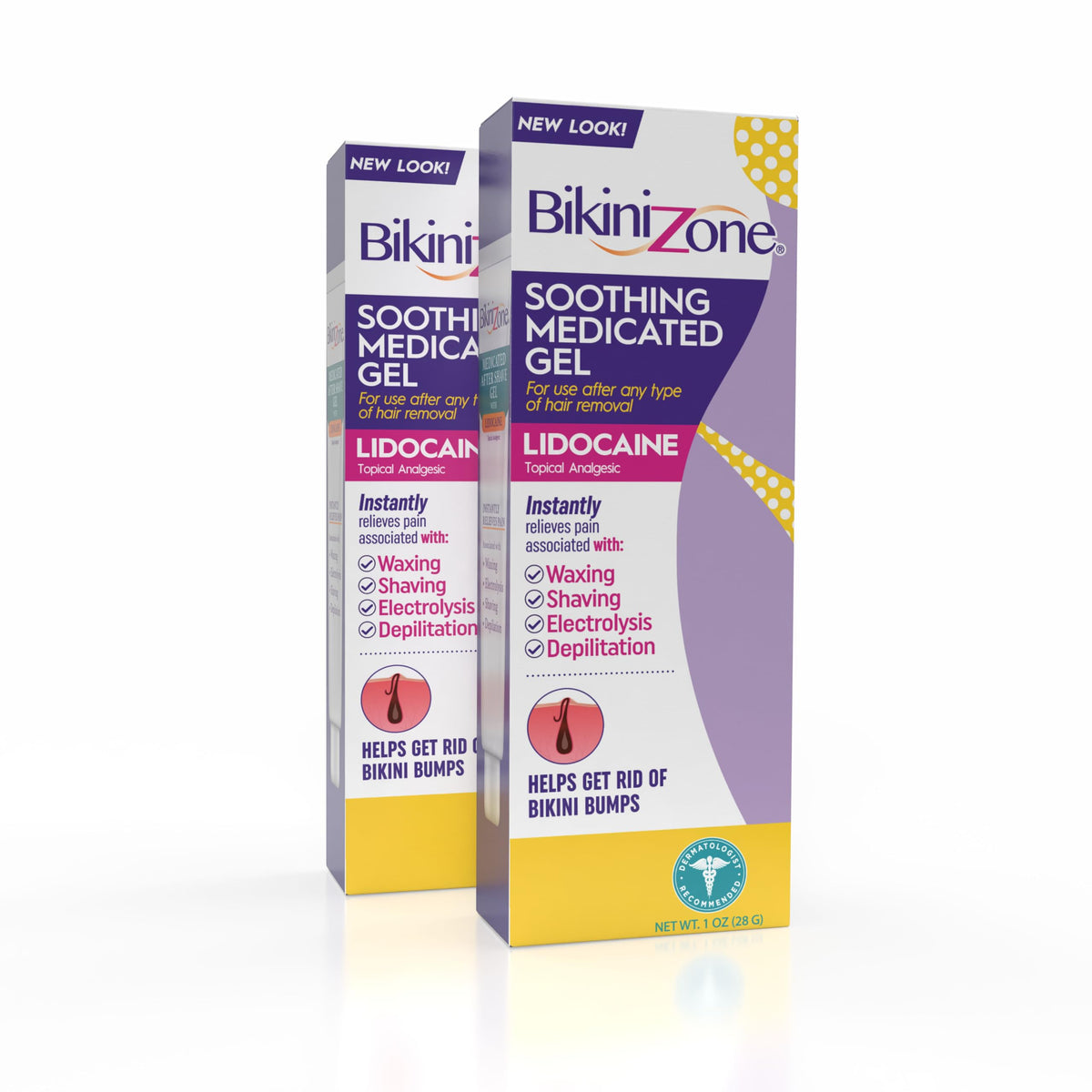 Bikini Zone medicated after shave gel bottle with lidocaine for quick relief after shaving.