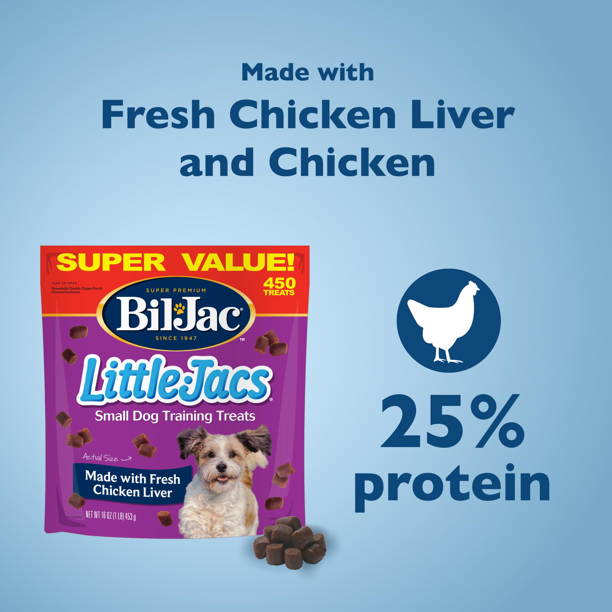 Bil-Jac Little Jacs chicken liver ingredient focus highlighting wholesome puppy rewards.