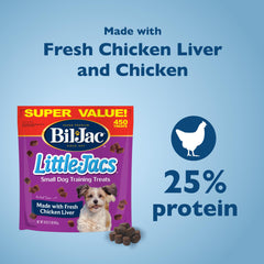 Bil-Jac Little Jacs chicken liver ingredient focus highlighting wholesome puppy rewards.