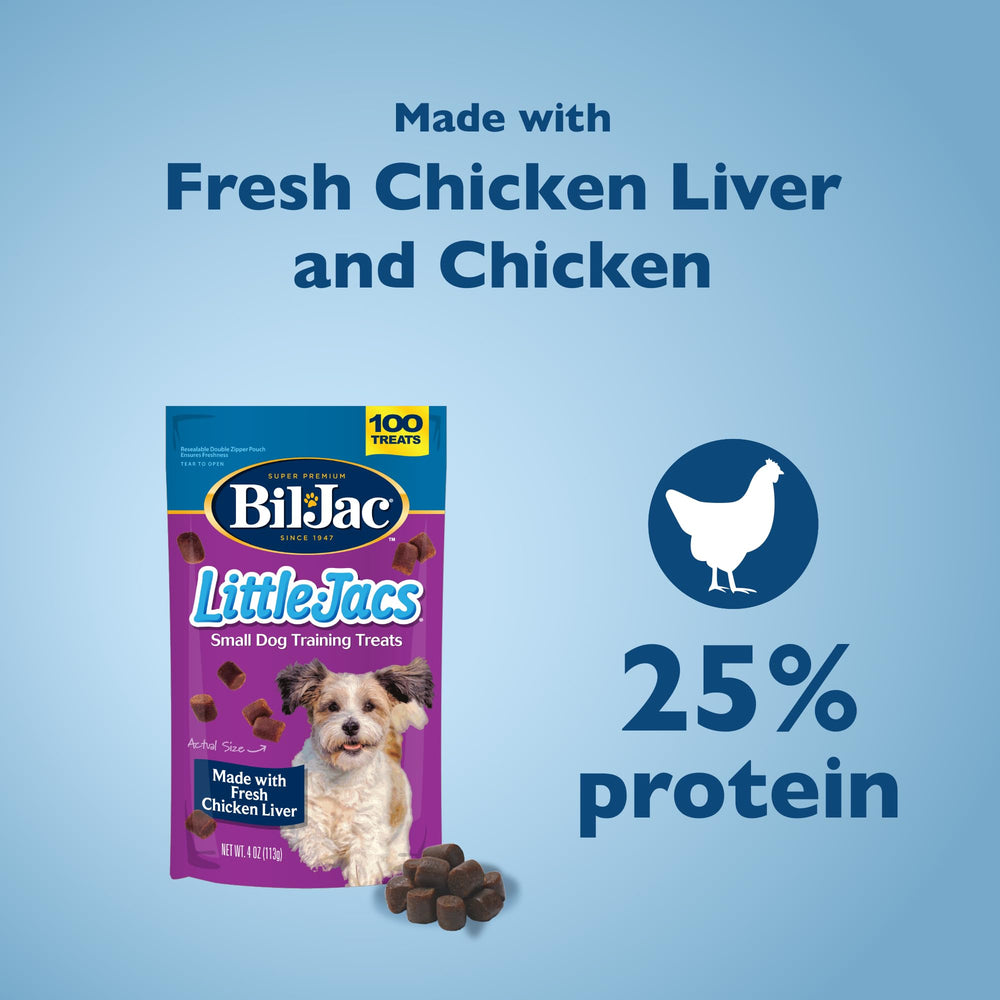 Bil-Jac Little Jacs puppy training snacks highlight chicken liver flavor for gentle positive reinforcement.