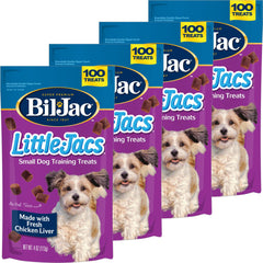 Bil-Jac Little Jacs training treats with chicken liver in a 4-oz pack for effective rewards.