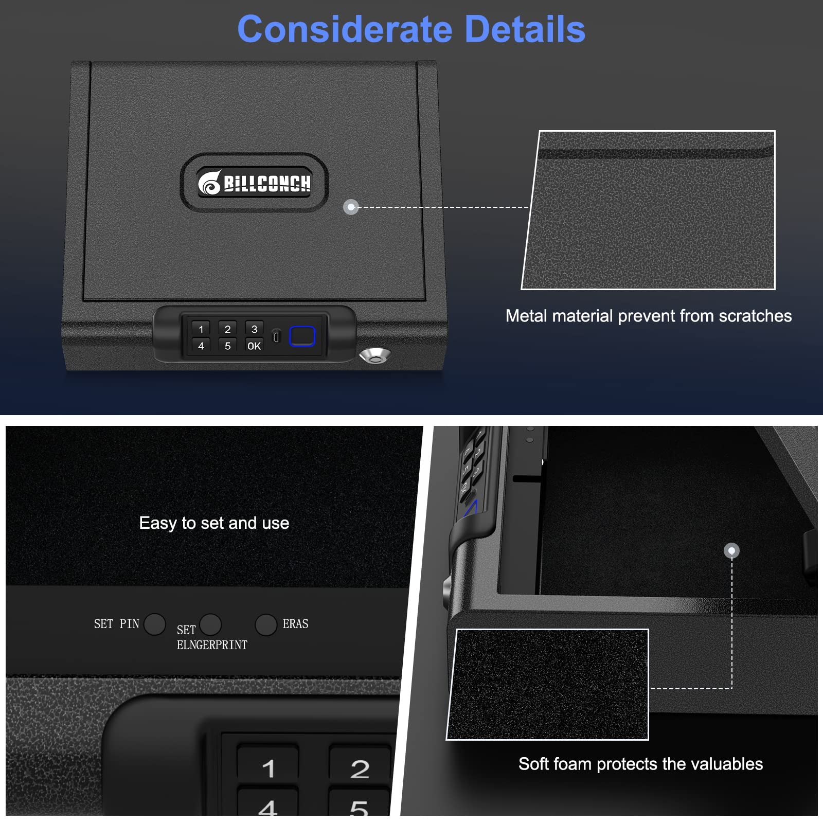 Billconch gun safe features rugged metal shell for security.