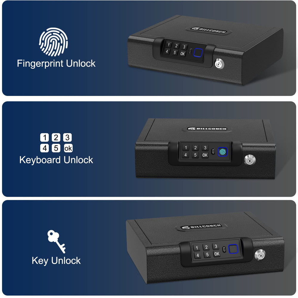 Billconch gun safe stores pistols securely for home or office.