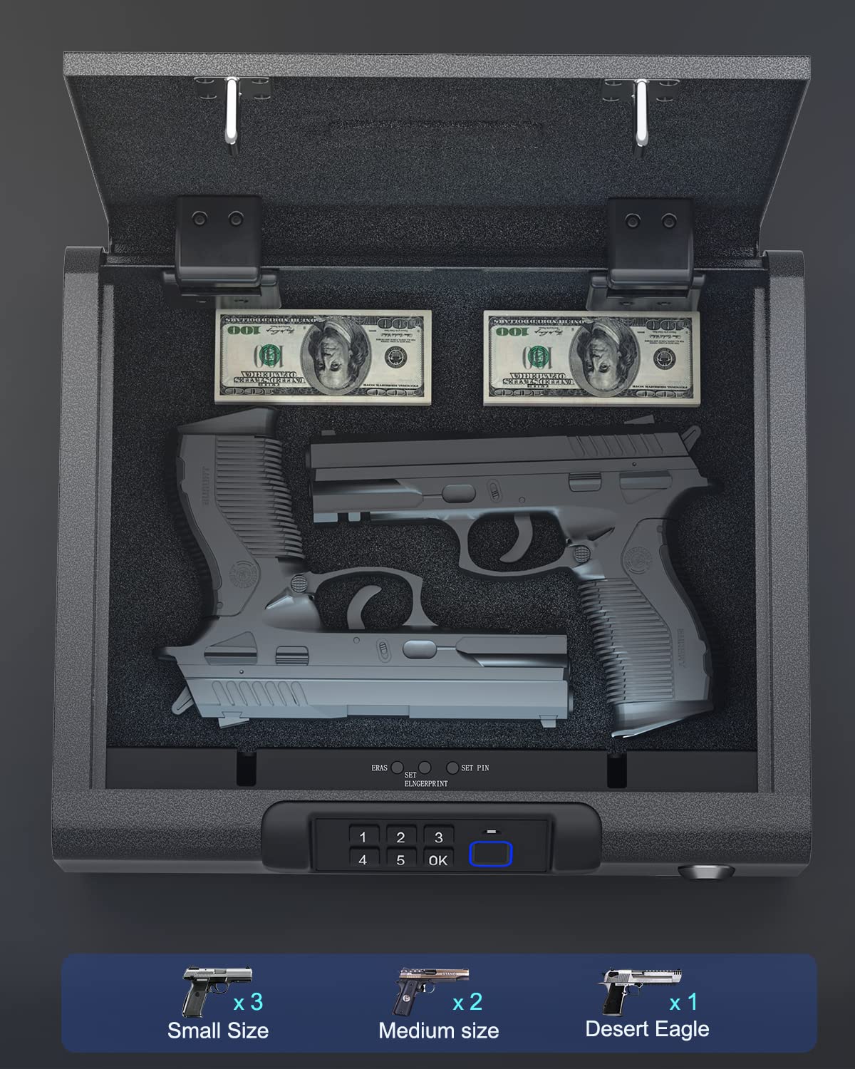 Billconch safe includes USB charging for continuous operation.