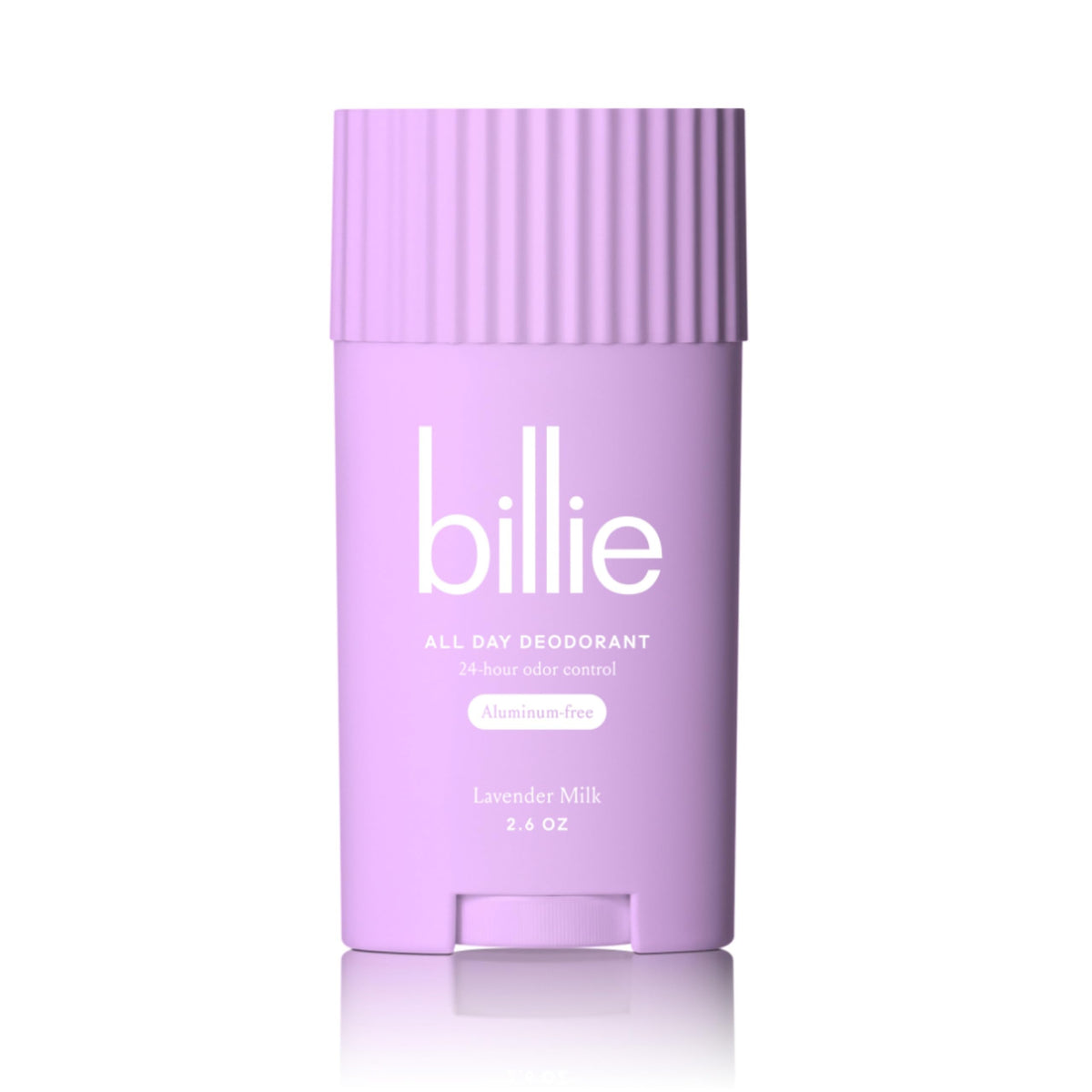 Billie All Day Deodorant Lavender Milk packaging close-up showing sleek design and fragrance.