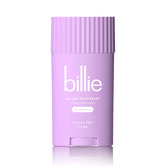 Billie All Day Deodorant Lavender Milk packaging close-up showing sleek design and fragrance.