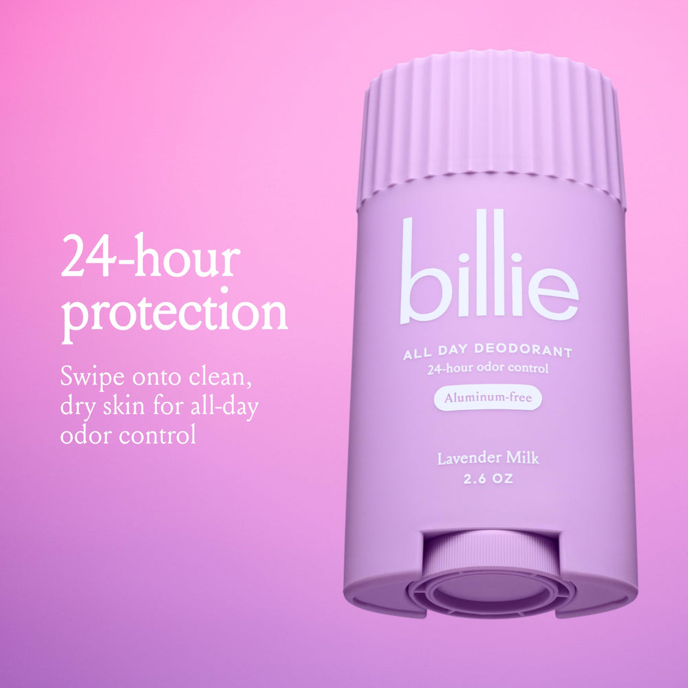 Billie All Day Deodorant Lavender Milk solid texture swatch on skin for smooth, comfortable application.
