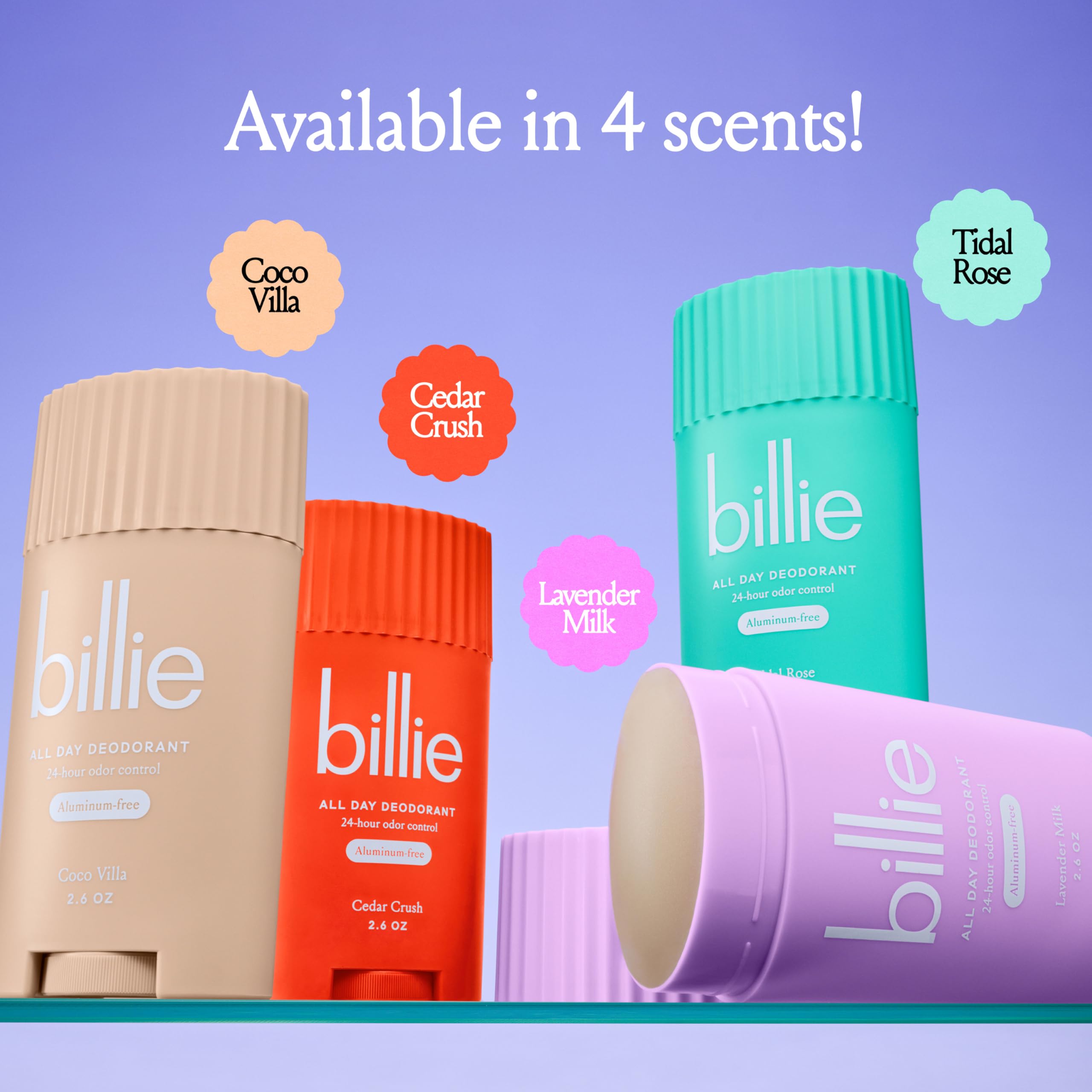 Billie All Day Deodorant Lavender Milk travel-friendly 2.6oz tube for on-the-go freshness.