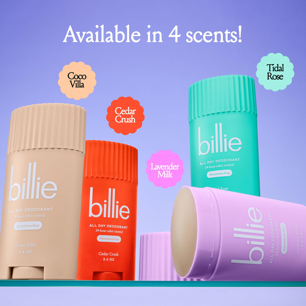 Billie All Day Deodorant Lavender Milk travel-friendly 2.6oz tube for on-the-go freshness.
