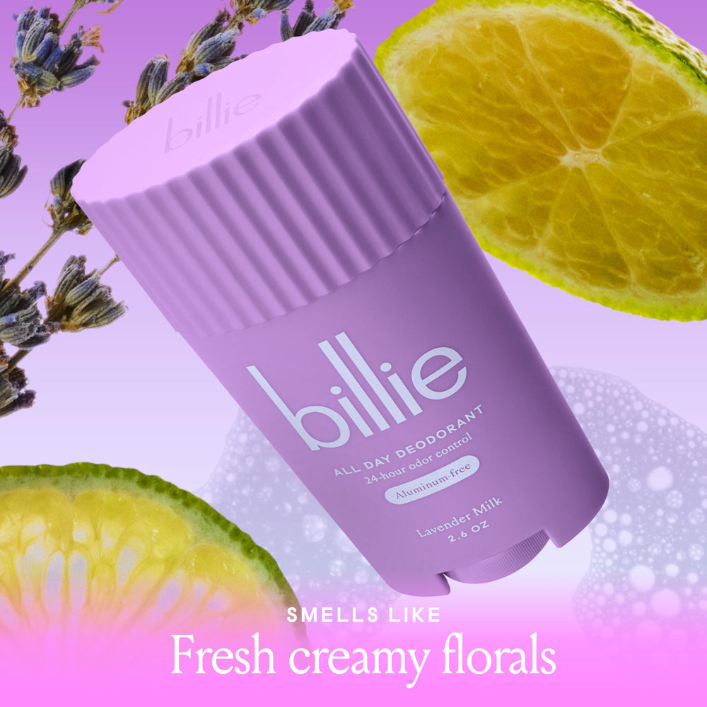 Billie All Day Deodorant Lavender Milk vegan and cruelty-free badge signals ethical choice.