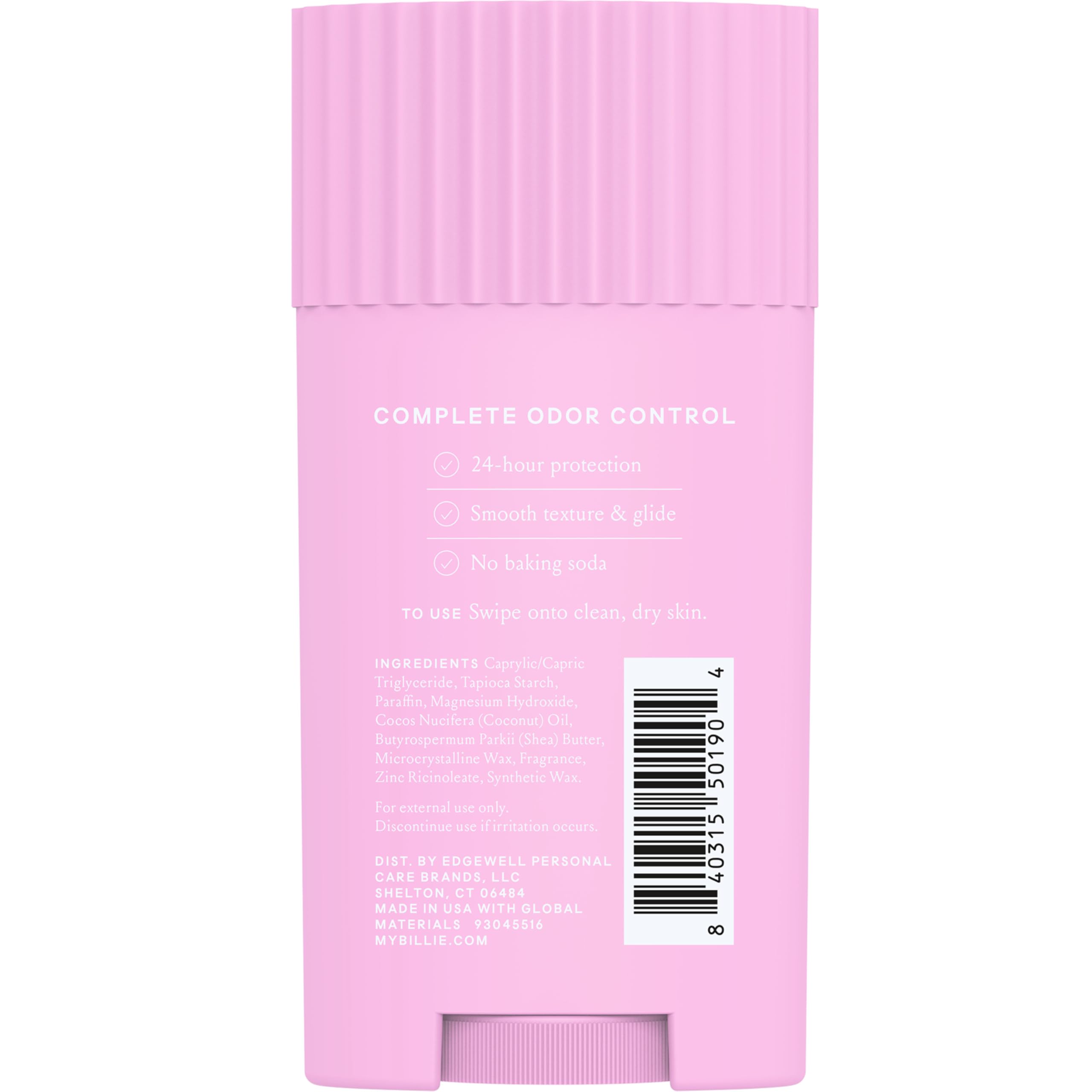 Billie All Day Deodorant stick close-up demonstrates smooth, velvety finish during daily use.