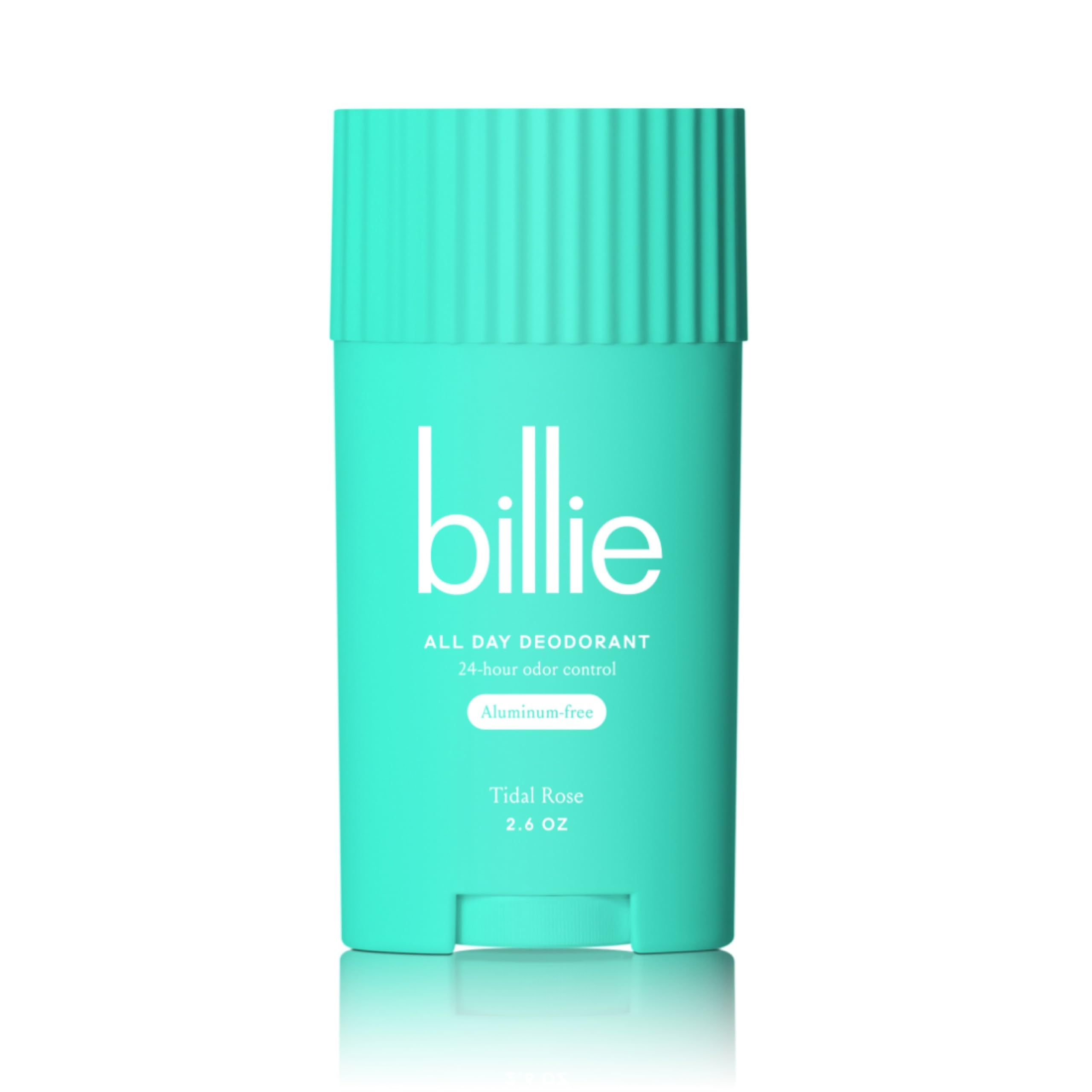 Billie All Day Deodorant Tidal Rose packaging close-up highlighting aluminum-free odor protection.