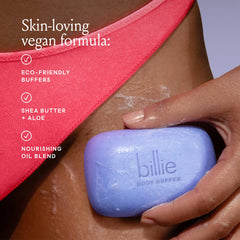 Billie Body Buffer curved bar design enables comfortable, even application.