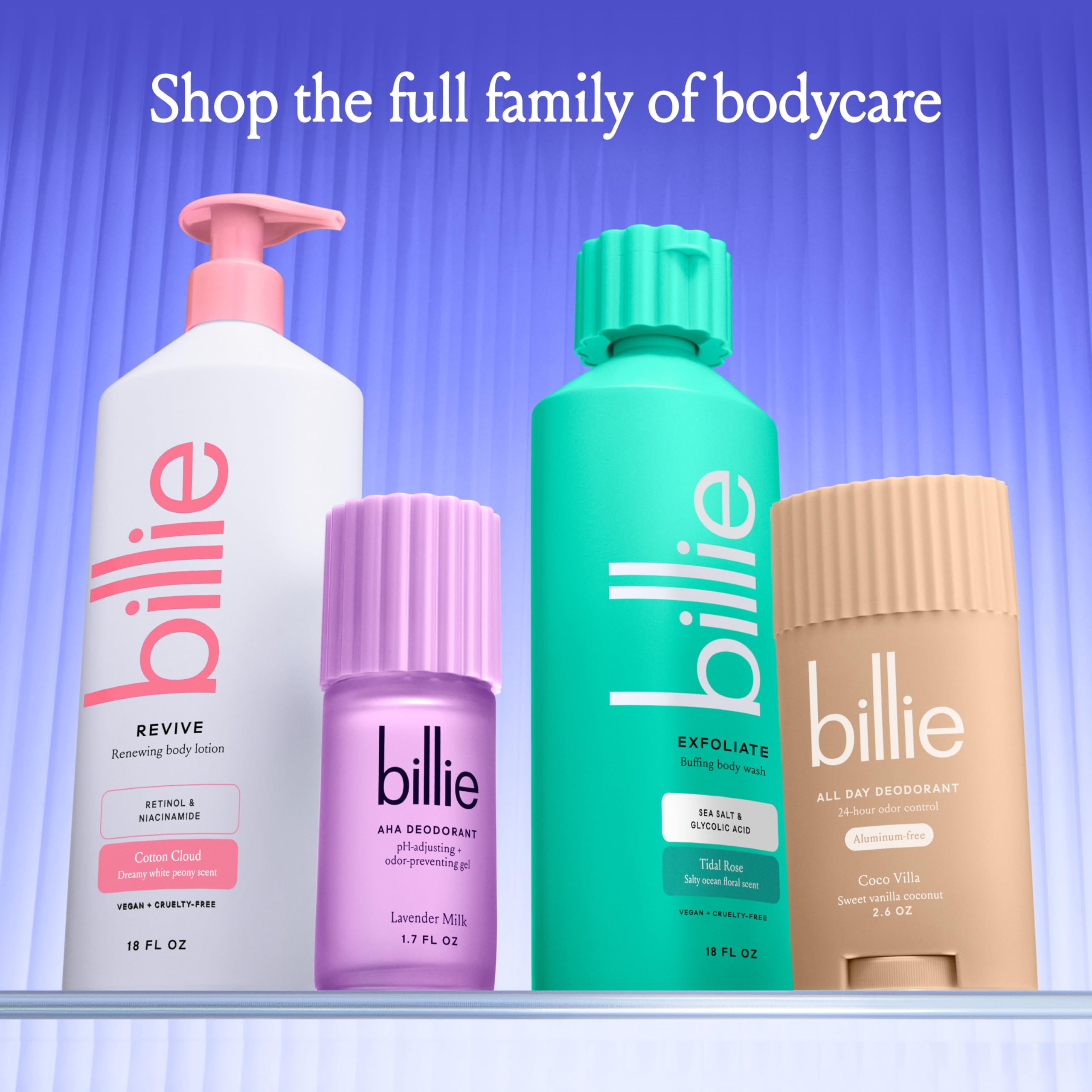 Billie bottle on sink highlighting sea salt floral fragrance notes.