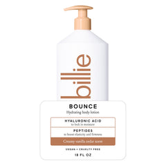 Billie Bounce hydrating body lotion bottle with vanilla cedar for lasting moisture.