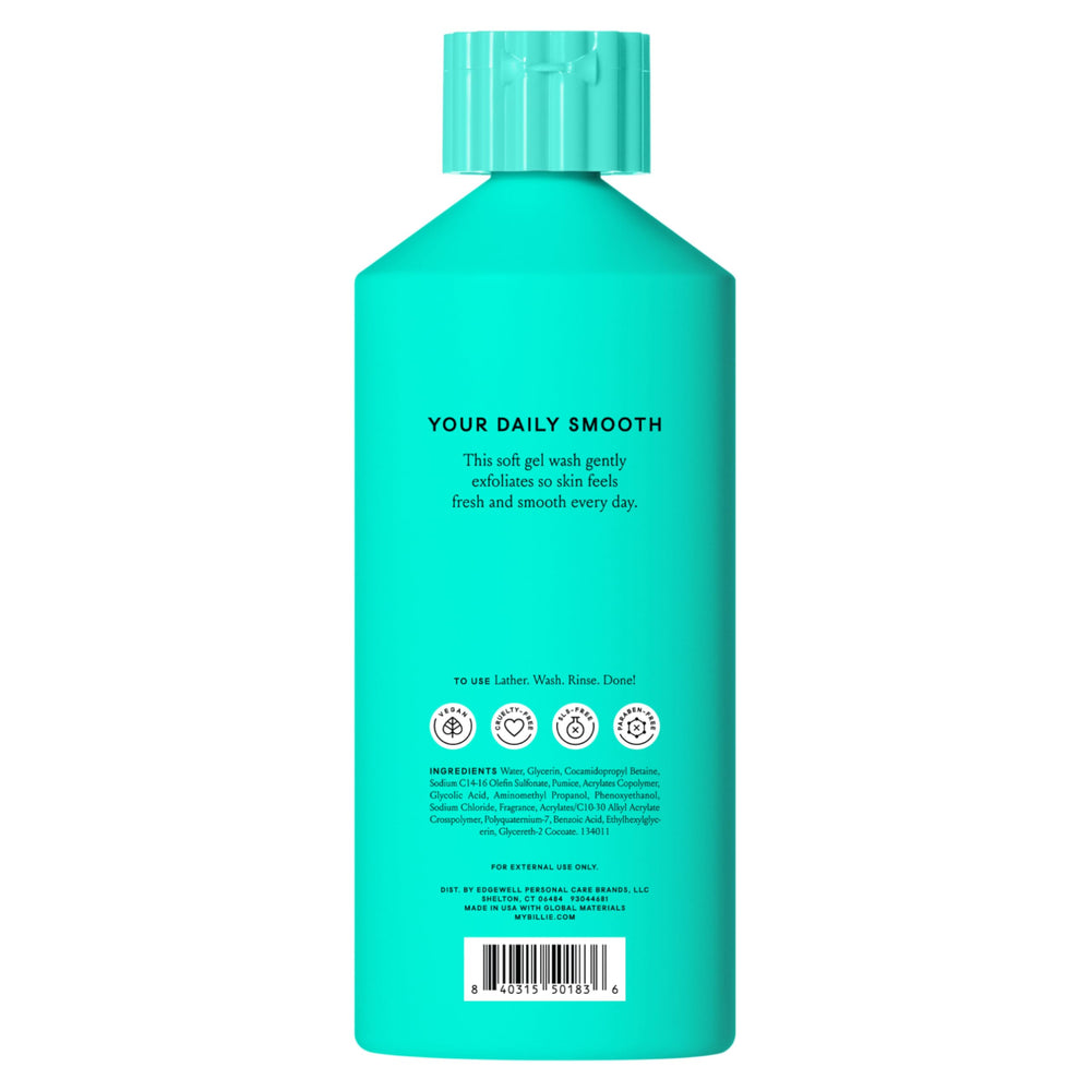 Dermatologist-approved Billie body wash bottle for sensitive skin routines.