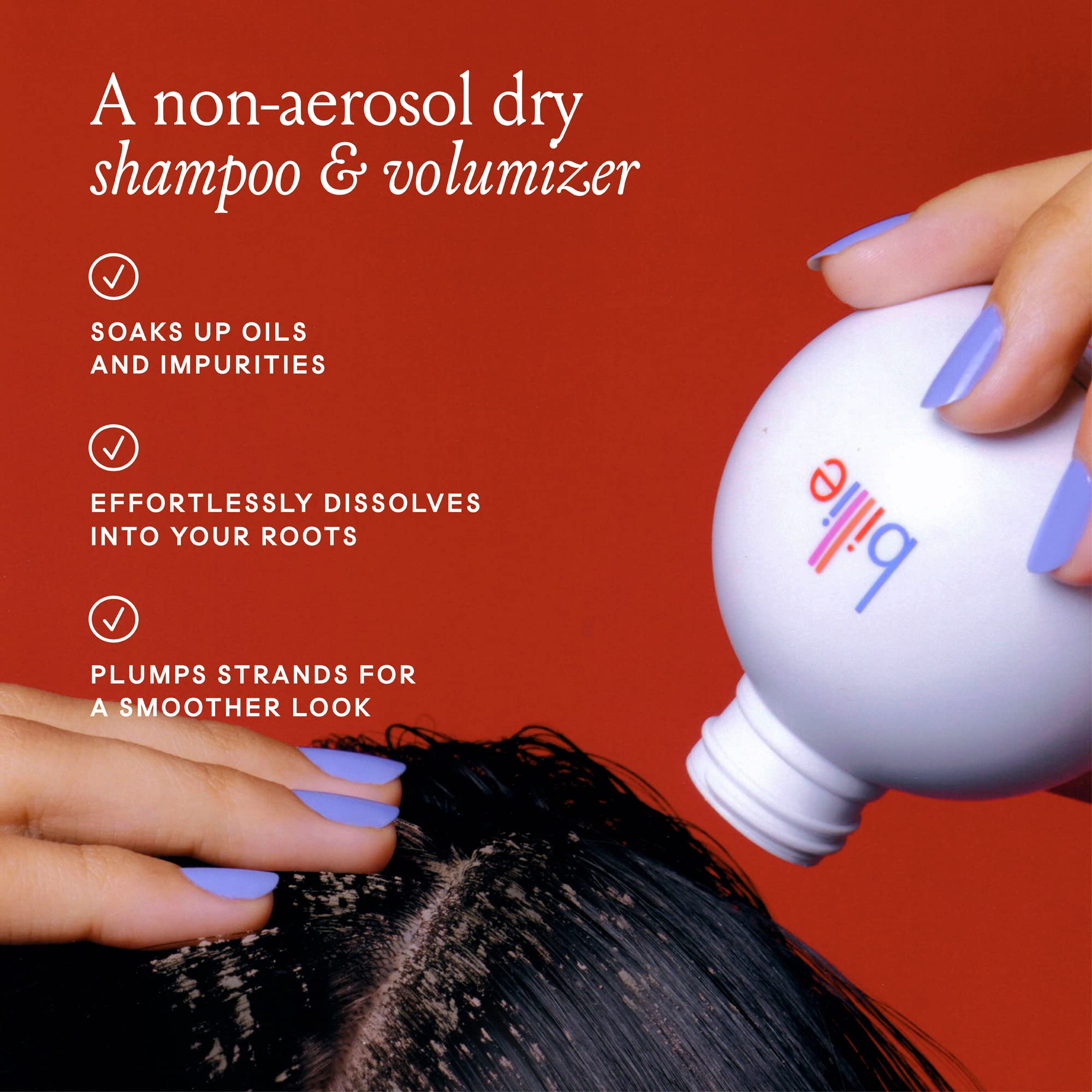 Billie Floof Dry Shampoo dissolves into dark hair for invisible texture.
