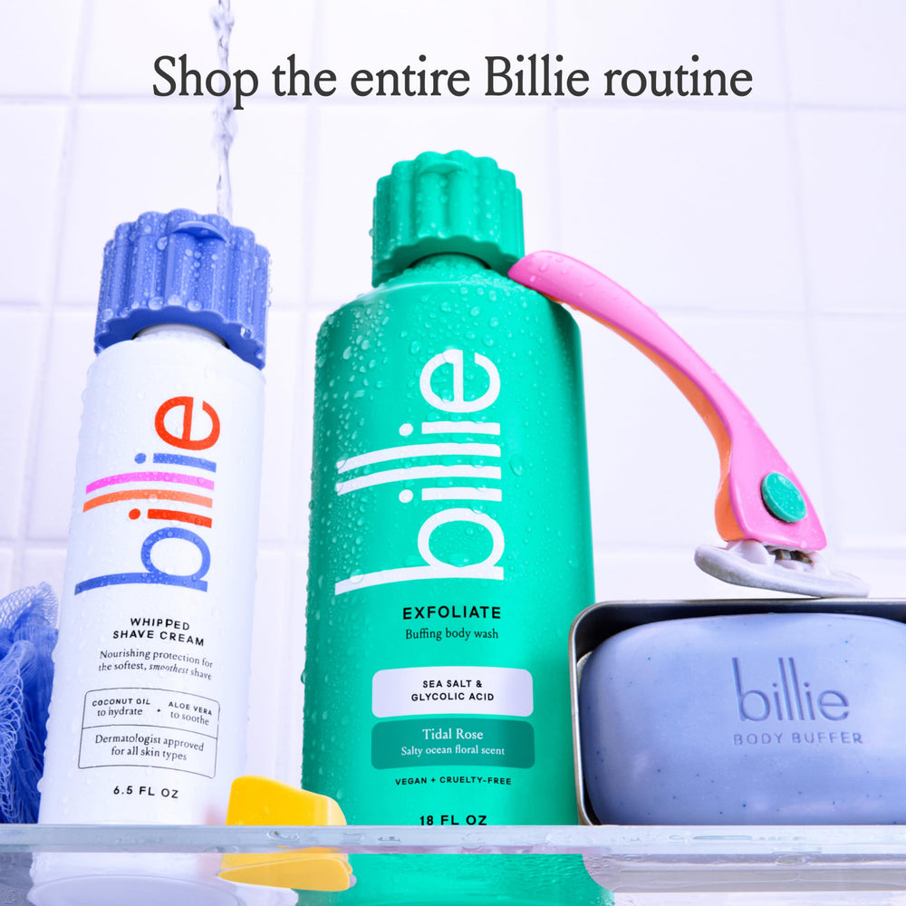 Fragrance notes of sea salt and florals in Billie body wash.