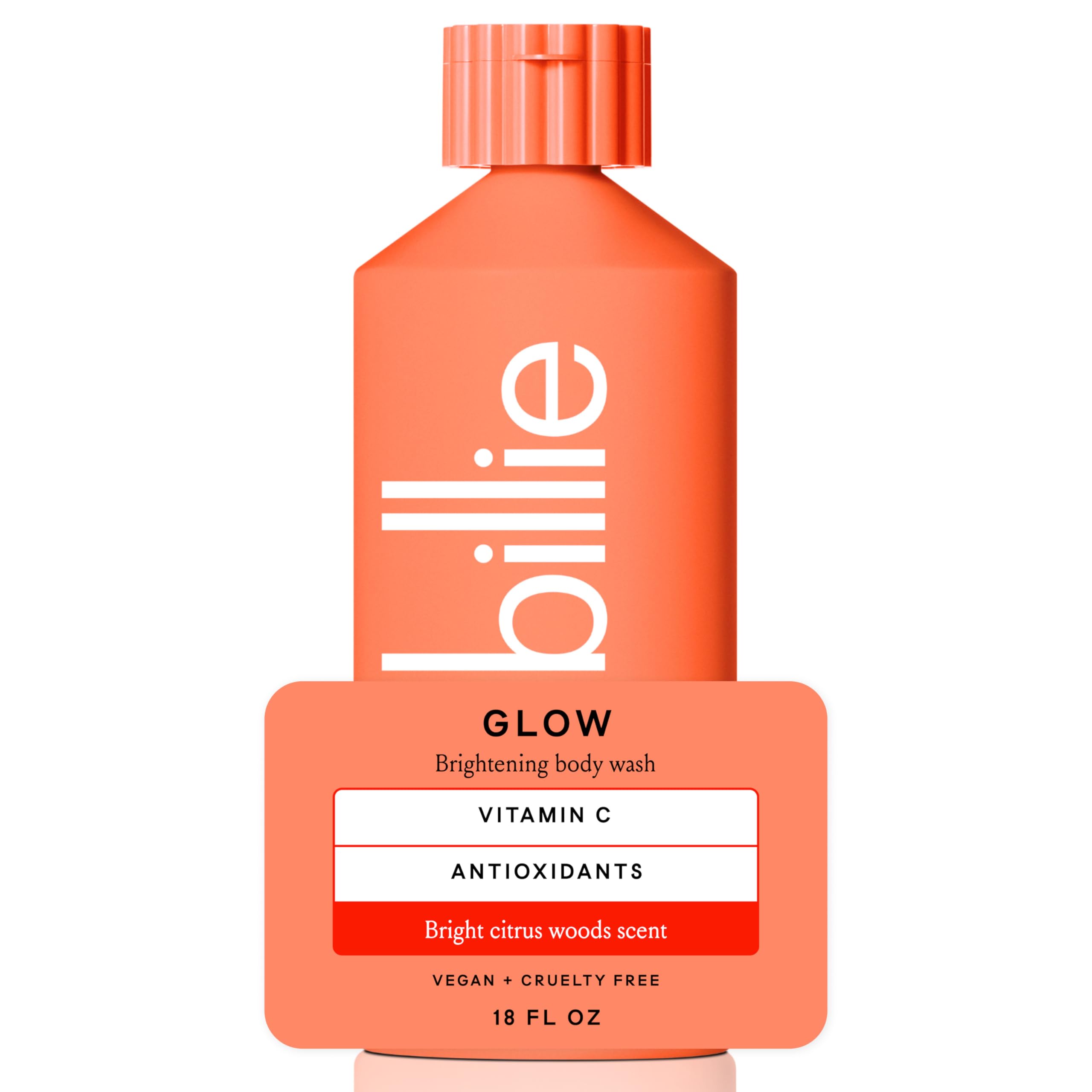 Billie Glow brightening body wash bottle with citrus scent for a refreshing cleanse.