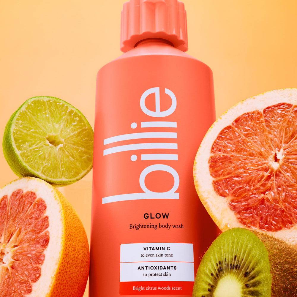 Billie Glow packaging highlights a dermatology-tested, skin-friendly formula.
