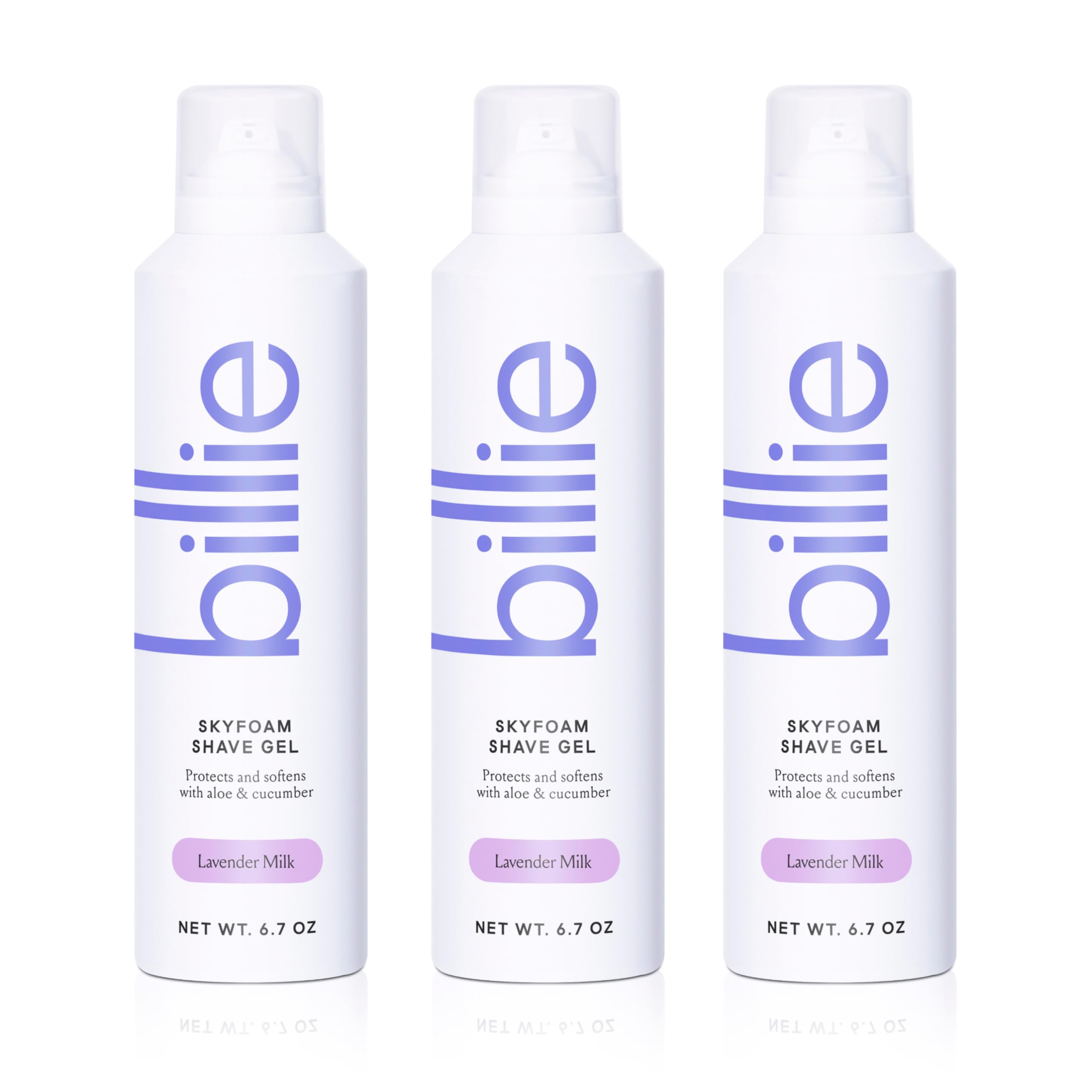 Billie SkyFoam Shave Gel Lavender Milk forms fluffy foam for a smooth shave.