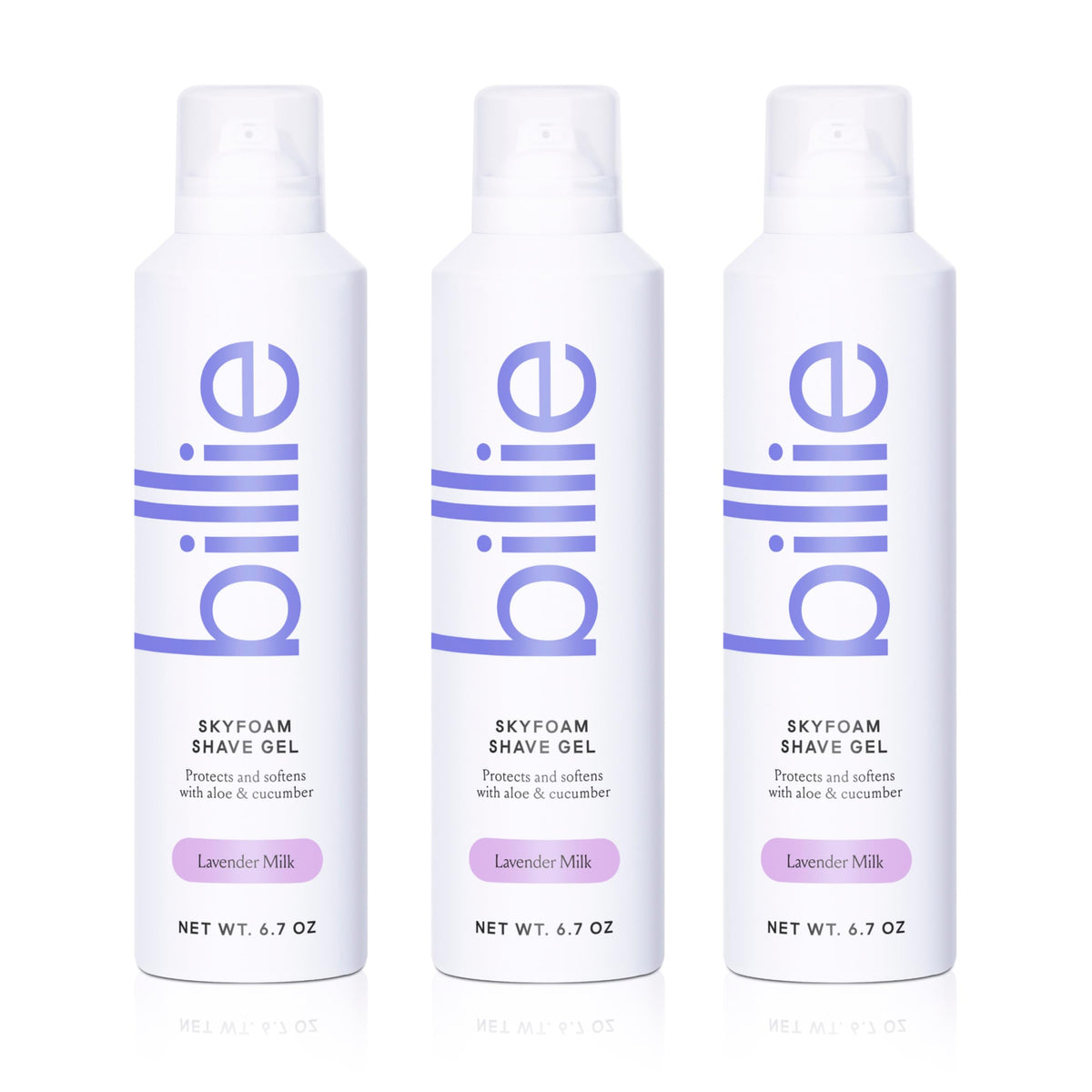 Billie SkyFoam Shave Gel Lavender Milk forms fluffy foam for a smooth shave.