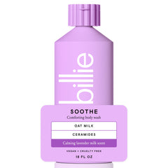 Billie Soothe body wash bottle pour showing gentle hydration for dry skin