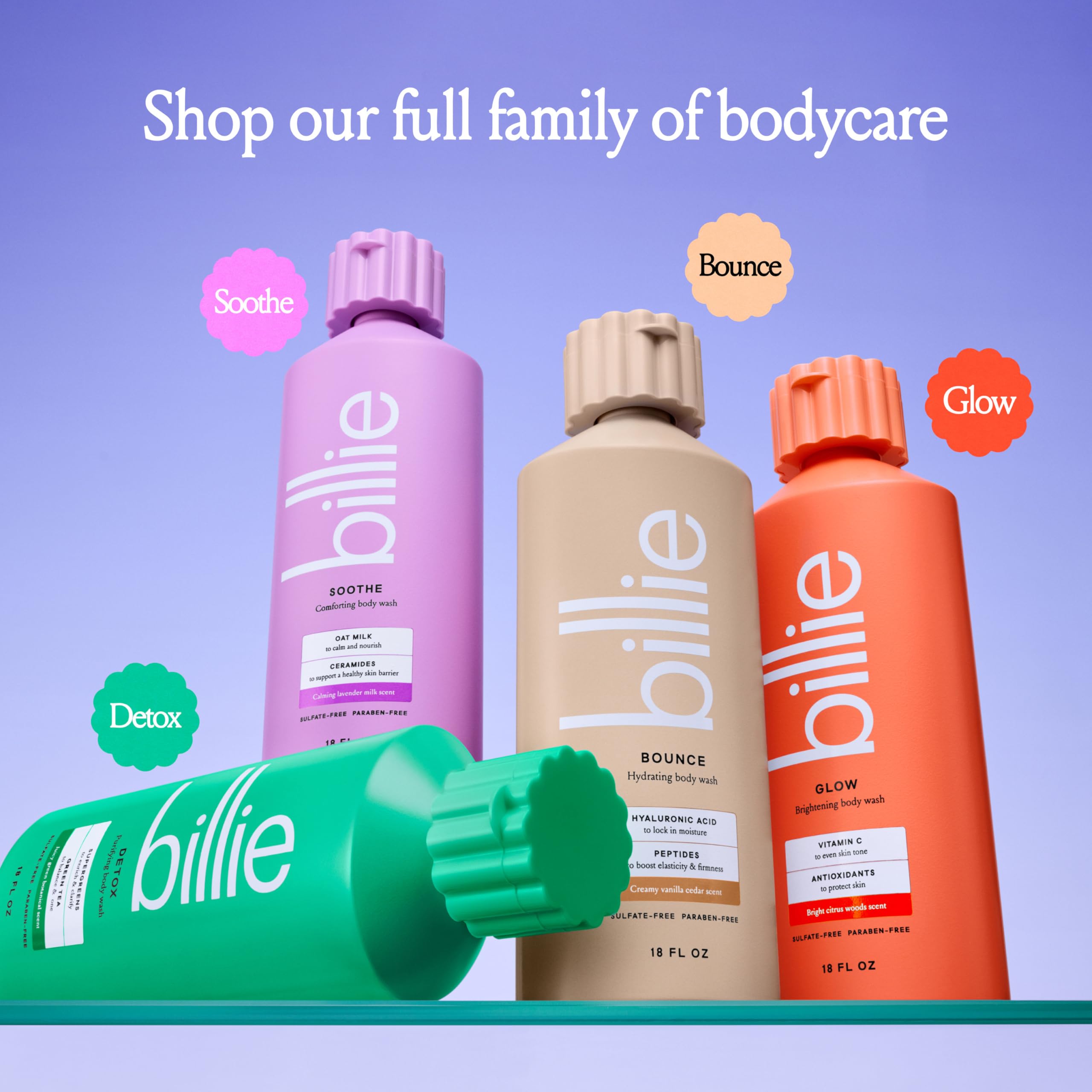 Billie Soothe lavender milk scent evokes calming spa-like ambiance