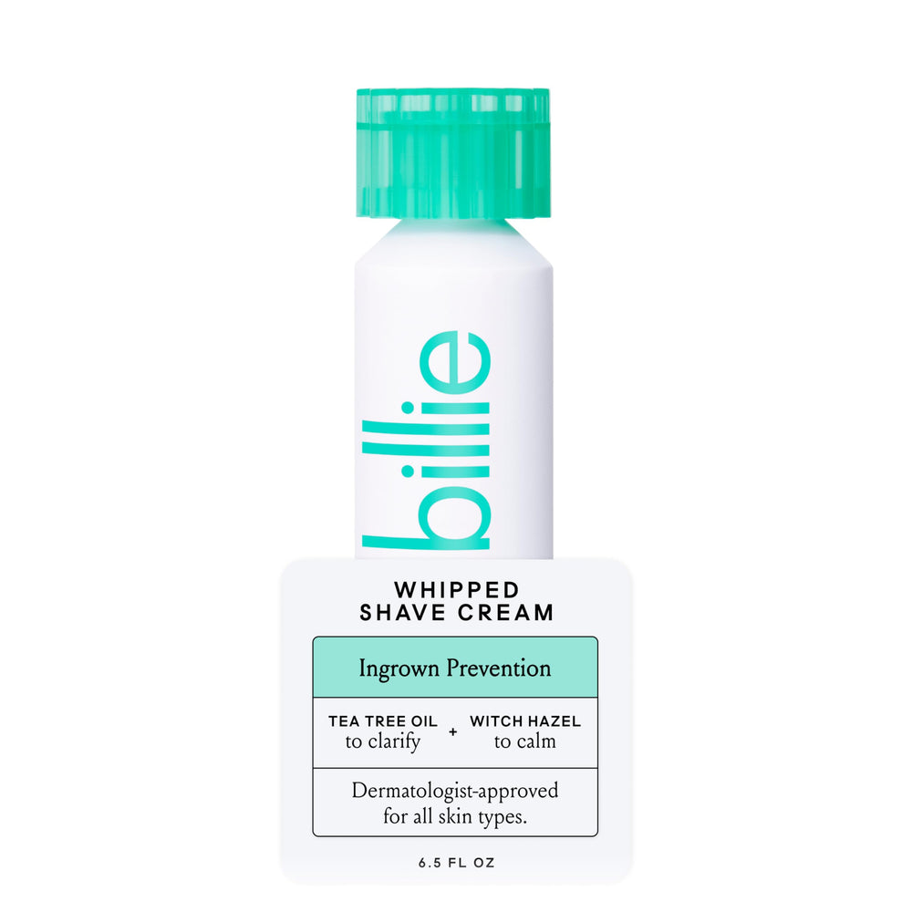 Billie Whipped Shave Cream bottle promotes smoother skin with ingrown-prevention formula