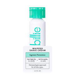Billie Whipped Shave Cream bottle promotes smoother skin with ingrown-prevention formula