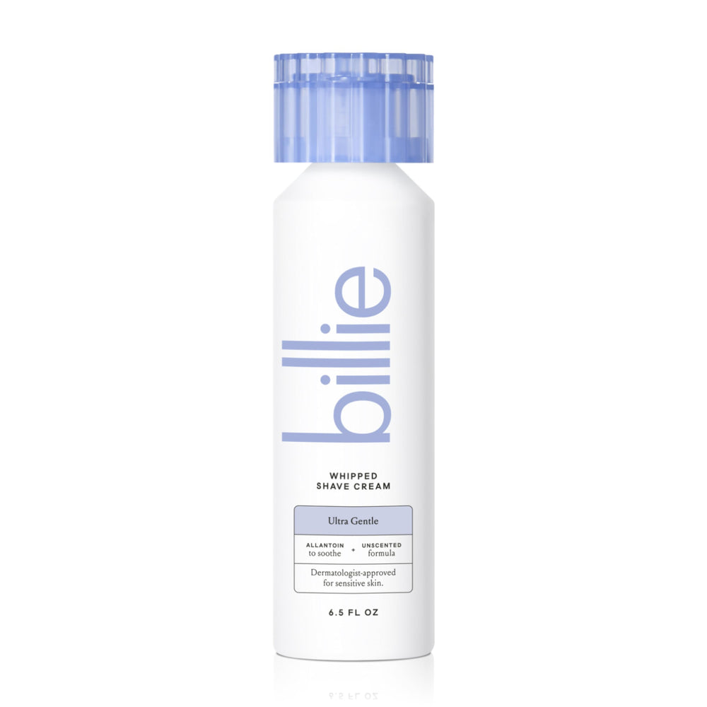 Billie Whipped Shave Cream Ultra Gentle bottle with fragrance-free formula for sensitive skin comfort.