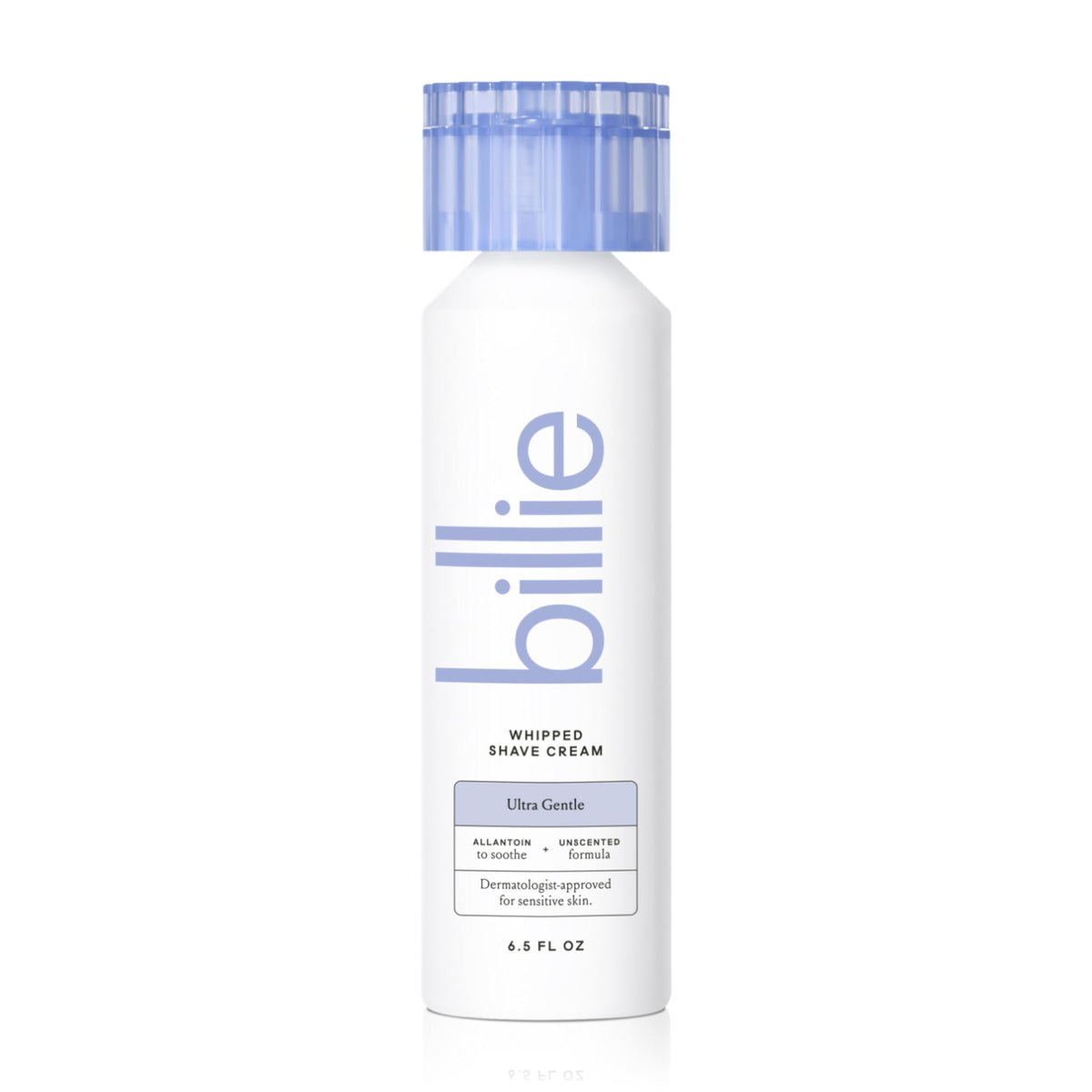 Billie Whipped Shave Cream Ultra Gentle bottle with fragrance-free formula for sensitive skin comfort.