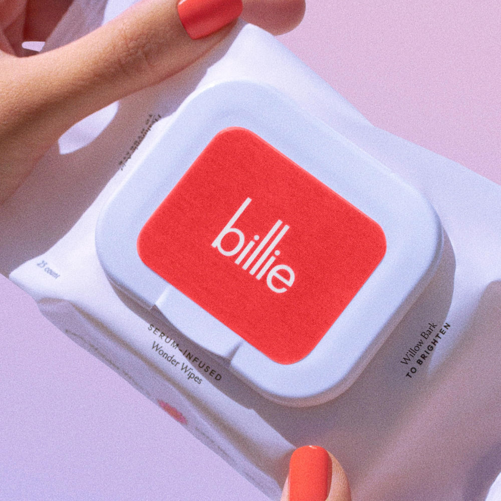 Billie Wonder Wipes dermatologist-approved seal signals skin-friendly formula.
