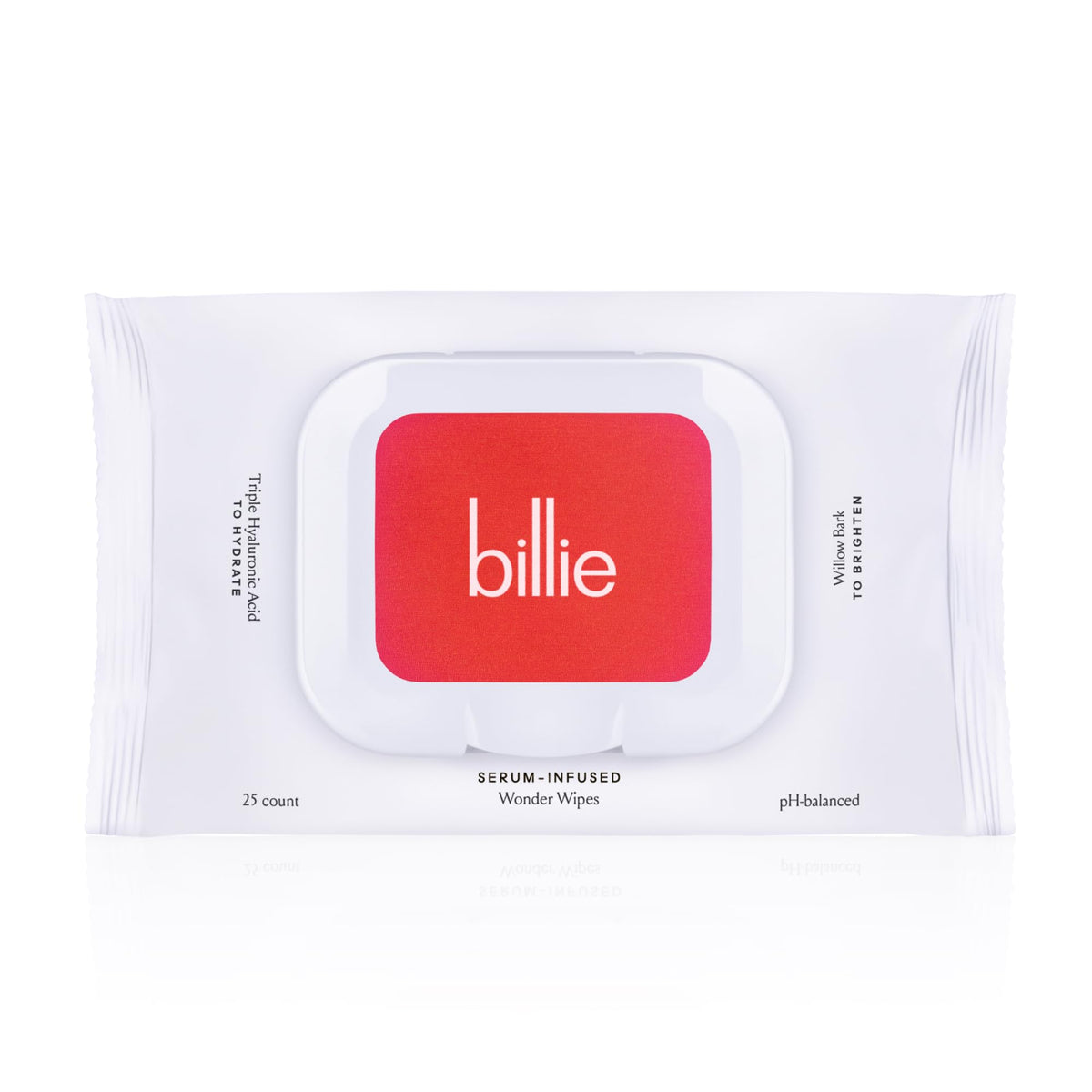 Billie Wonder Wipes packaging close-up, fragrance-free makeup removal for sensitive skin.