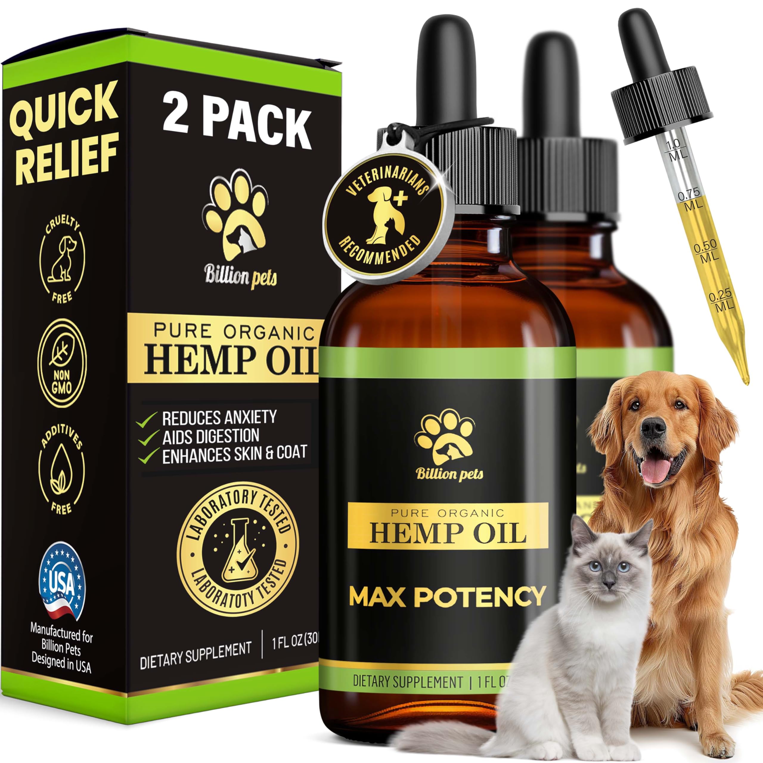 Billion Pets Hemp Oil bottle for calming and joint support in dogs and cats