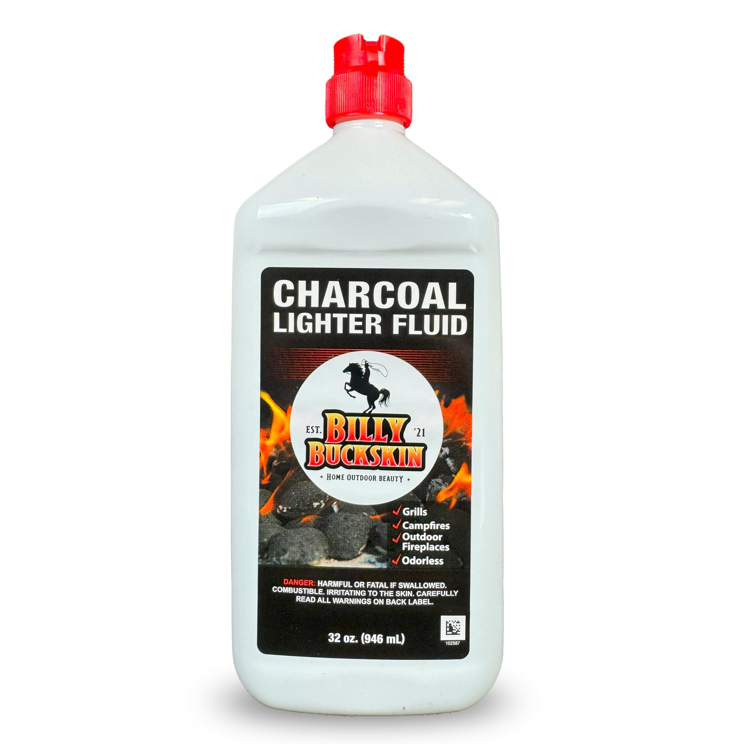 Billy Buckskin Charcoal Lighter Fluid bottle pour for quick, clean ignition in outdoor cooking.