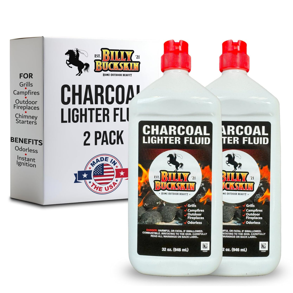 Billy Buckskin charcoal lighter fluid pours for quick, clean ignition.