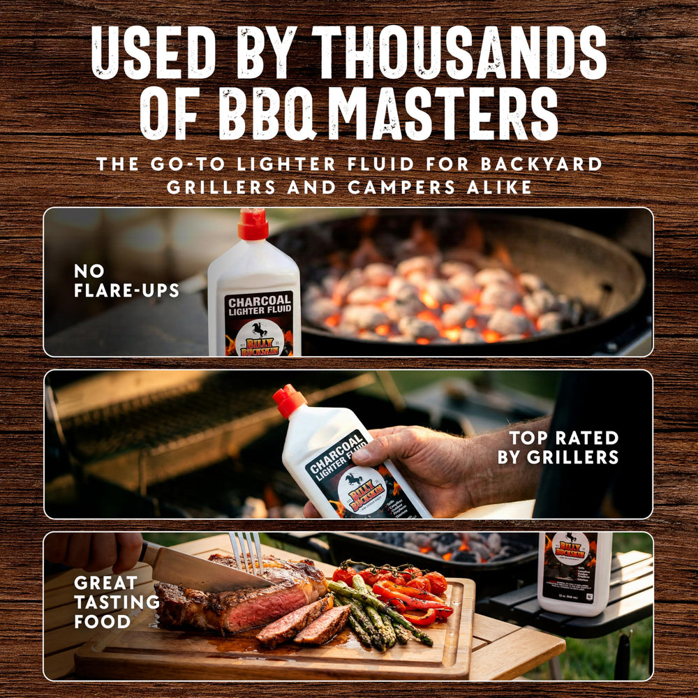 Bottle stand featuring Billy Buckskin charcoal lighter fluid for easy use.