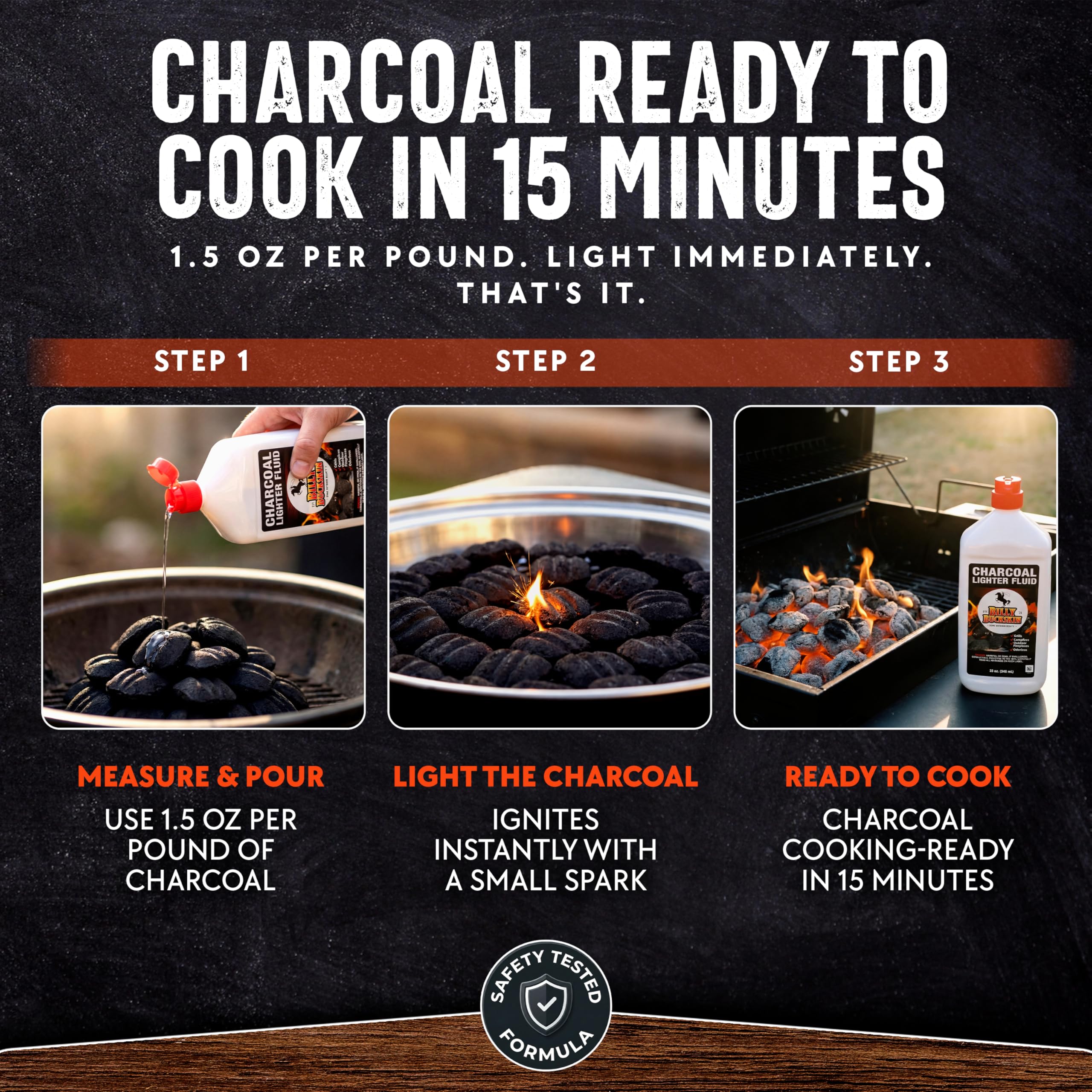 Versatile outdoor fuel from Billy Buckskin for charcoal, wood, or briquettes.