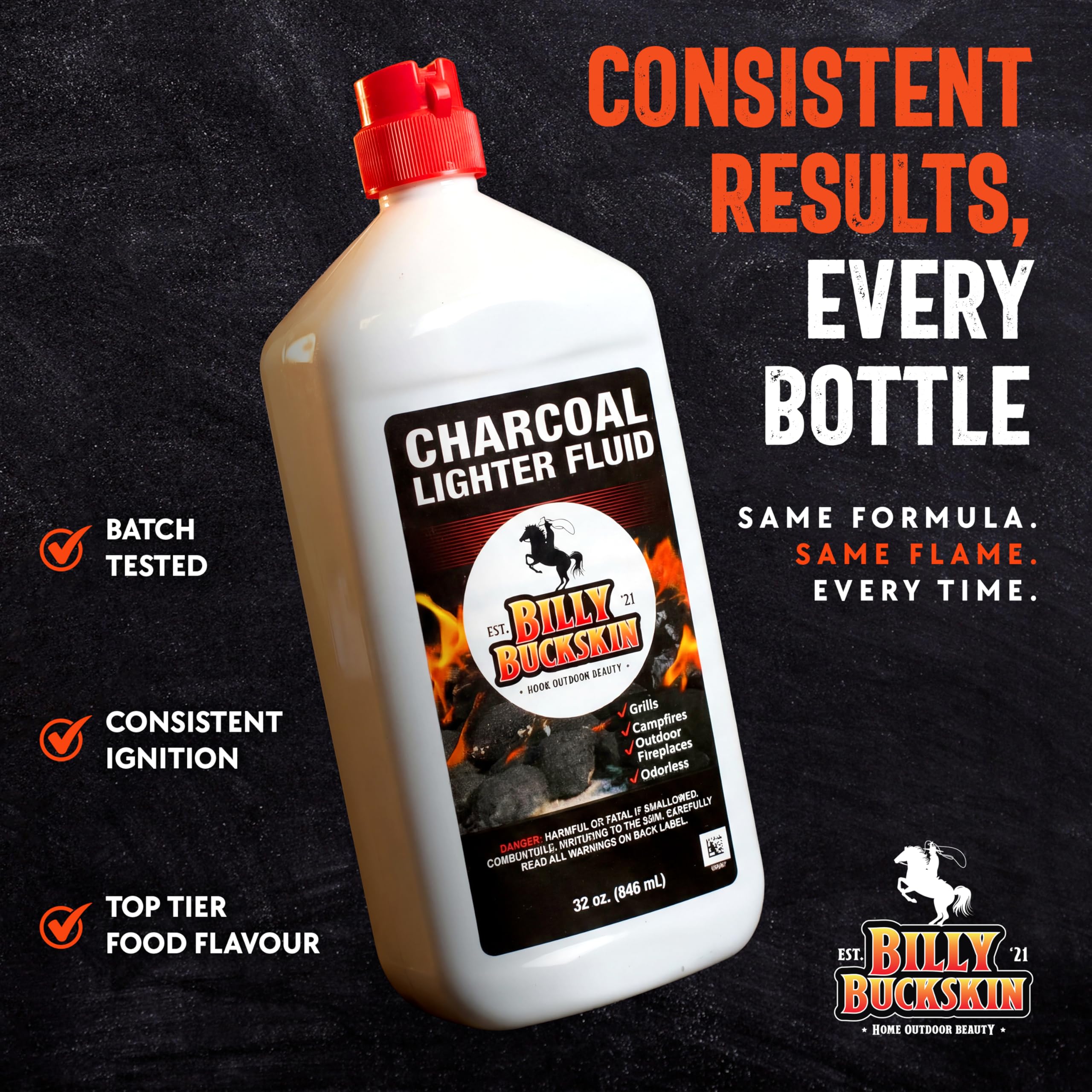 Pour-ready fluid in Billy Buckskin bottle supports chimney starter use.