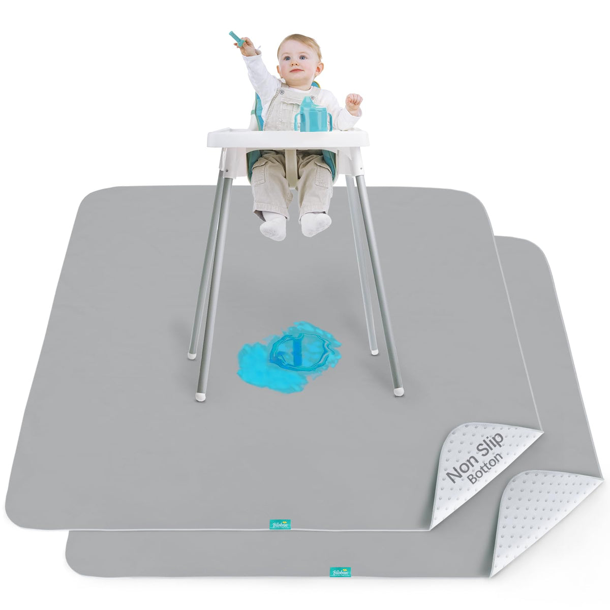 Biloban splat mat under high chair protects floors from spills and drips.