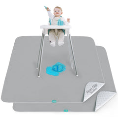 Biloban splat mat under high chair protects floors from spills and drips.