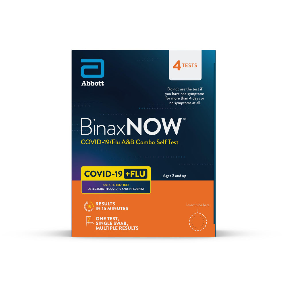 BinaxNOW combo test kit box front, ready-to-use packaging for fast at-home testing.
