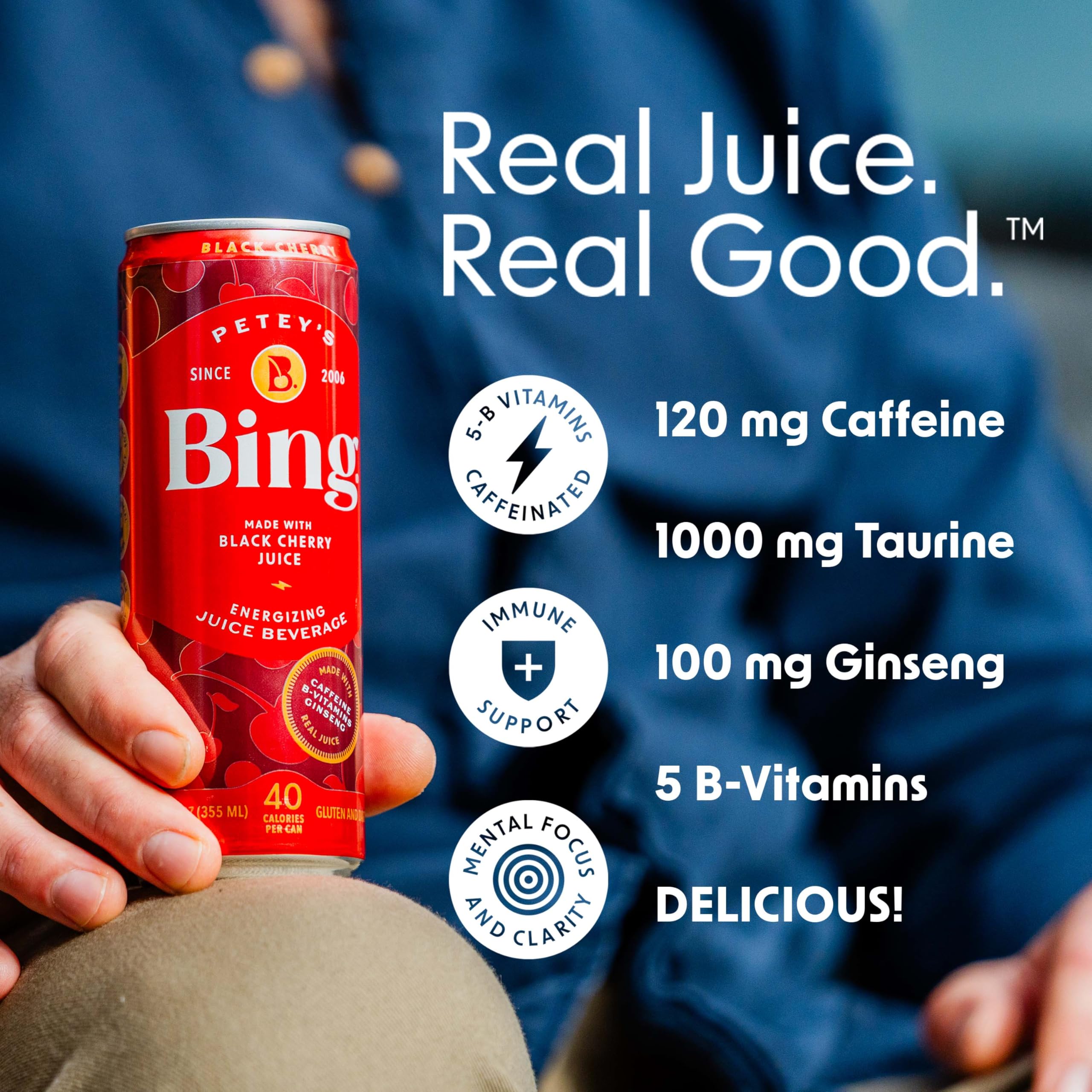 Bing Energizing Juice Original Cherry 12oz can in foreground with caffeine panel highlighting quick energy