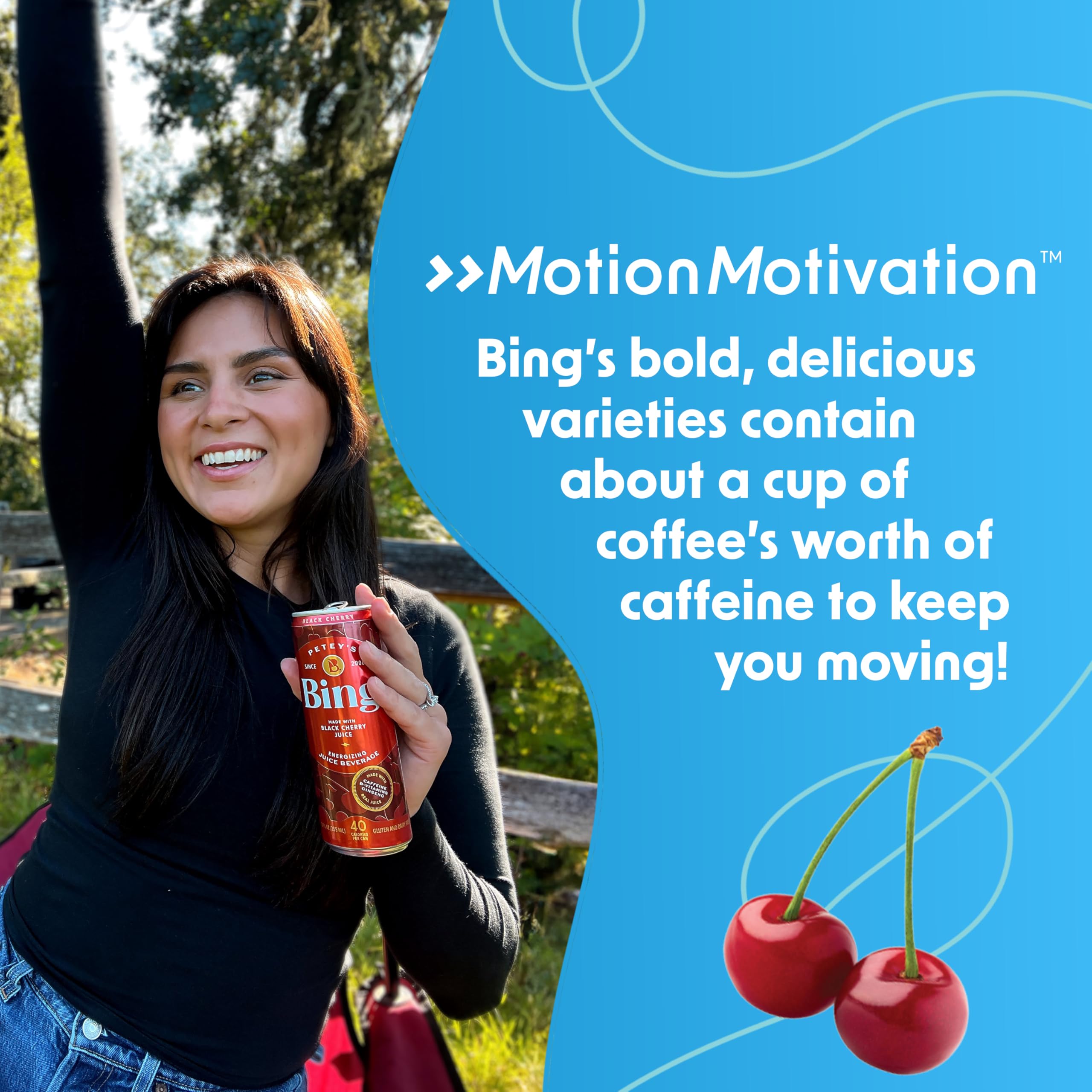 Bing Energizing Juice Original Cherry poured into a glass showing vibrant color and refreshing aroma