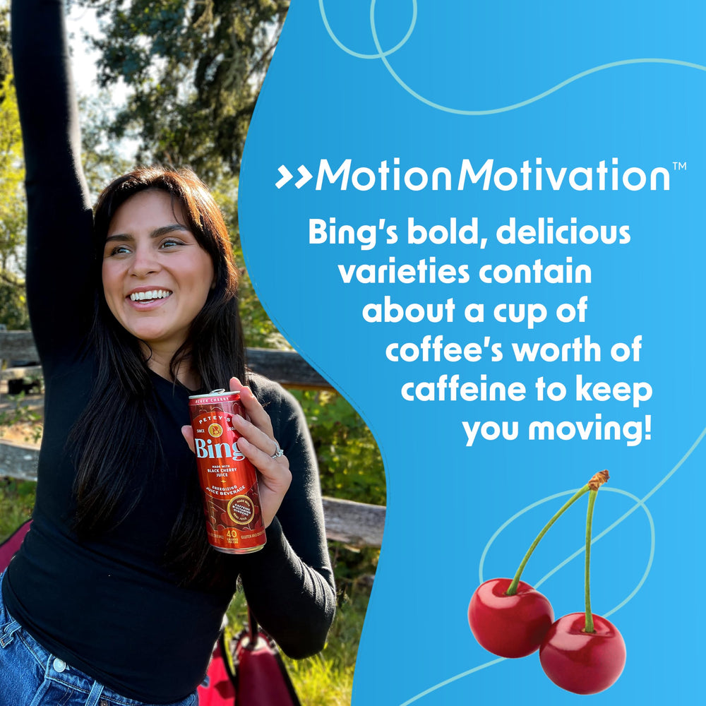 Bing Energizing Juice Original Cherry poured into a glass showing vibrant color and refreshing aroma