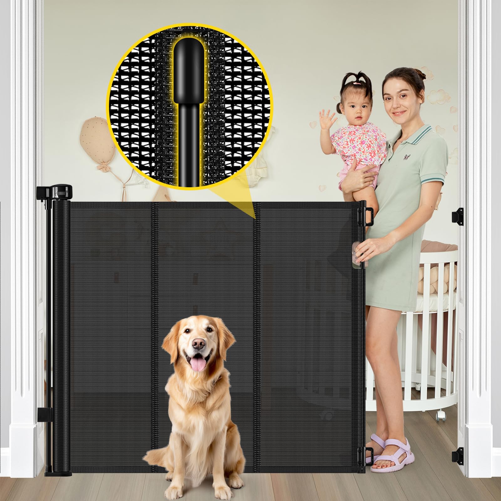 Bingguz reinforced 42-inch mesh gate showing solid reinforcement for safer doorways